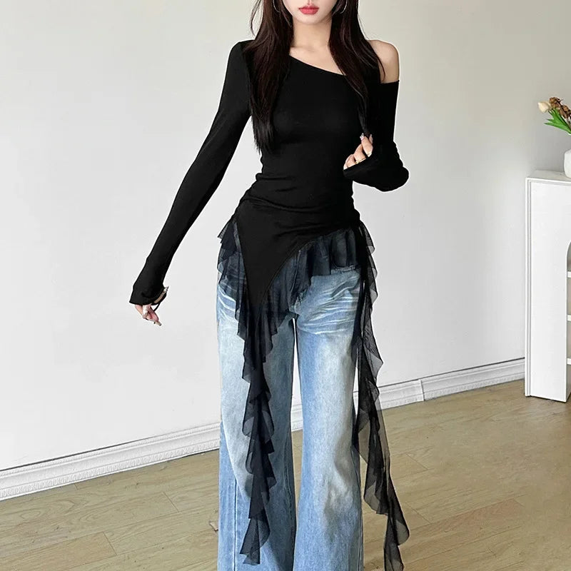 Women’s Y2K Style Top – Asymmetrical Chiffon Blouse