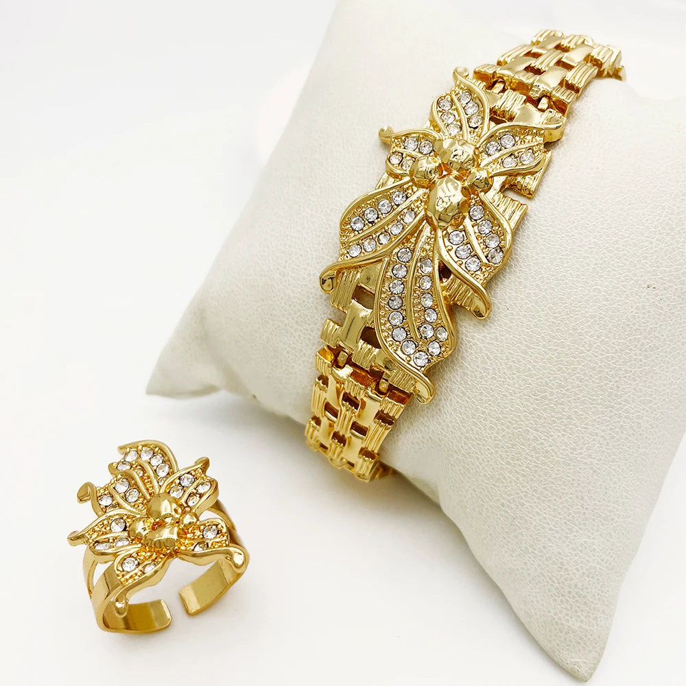 Bridal Jewelry Set with Choker and Large African Flower, Includes Bracelet, Earrings and Ring, 18K Gold Plated with Cubic Zirconia