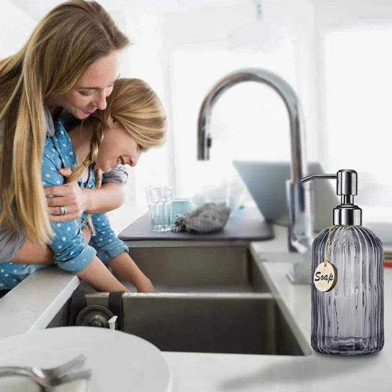 Clear Glass Dispenser - Refillable Bottle for Soap, Shampoo and Gel