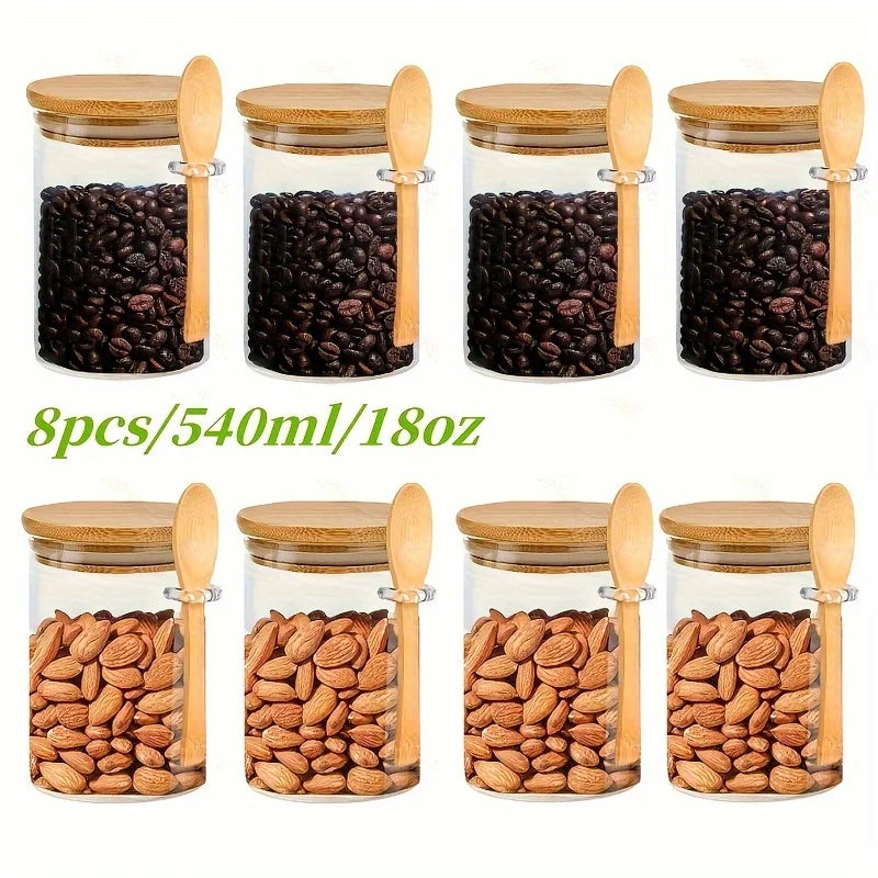Glass Jar Set with Measuring Spoon, Airtight Pantry Containers, Ideal for Spices, Coffee and Sweets