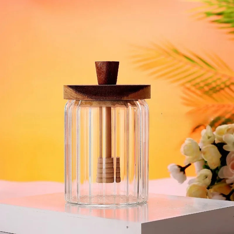 Glass Jar with Wooden Lid and Spoon, Airtight Clear Glass Container for Honey, Jam and Food, Decorative Kitchen Container