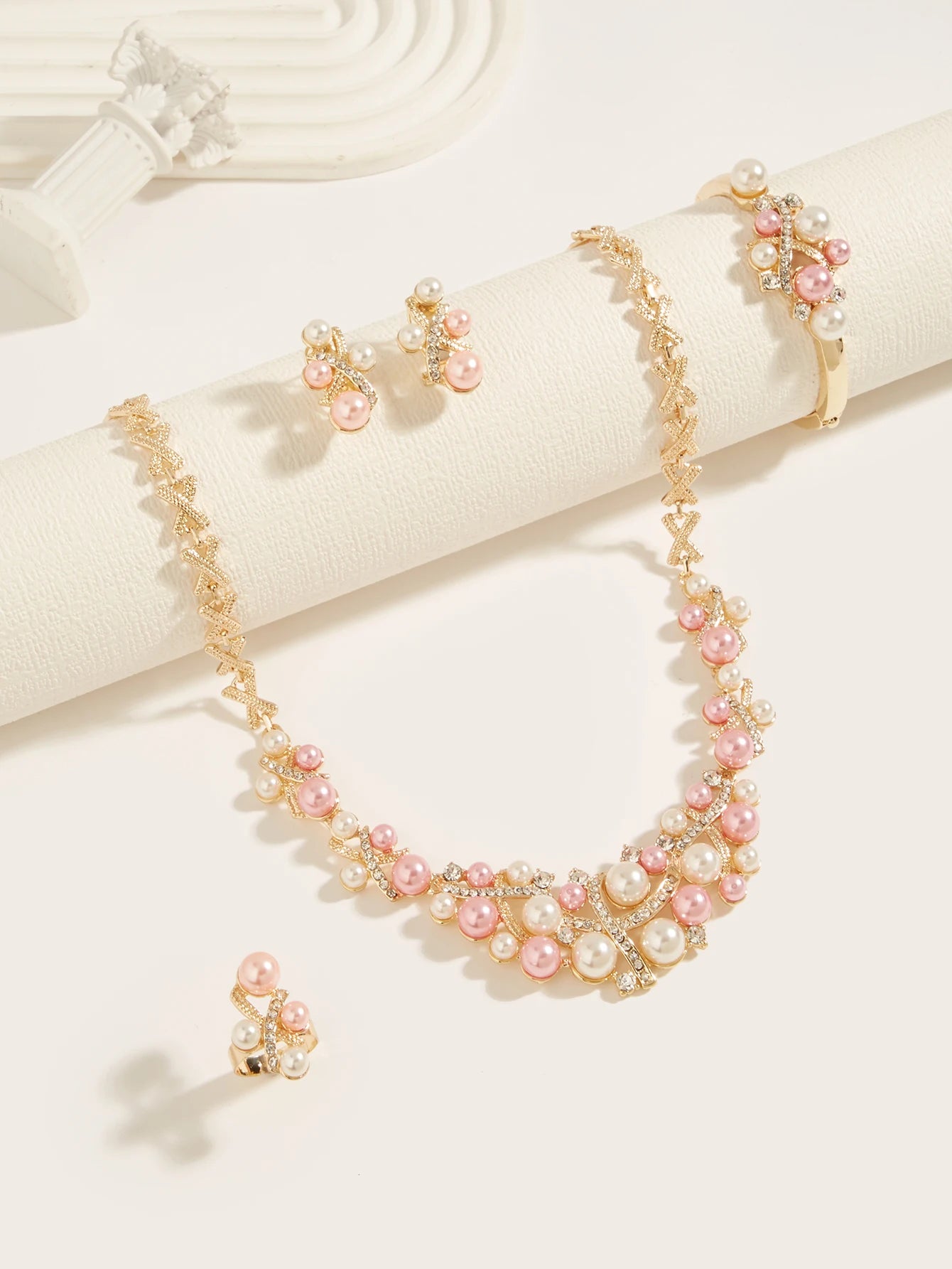 Women's Jewelry Set | 4 Piece Set with Necklace, Bracelet, Earrings and Ring, Imitation Pearls and Pink and White Rhinestones
