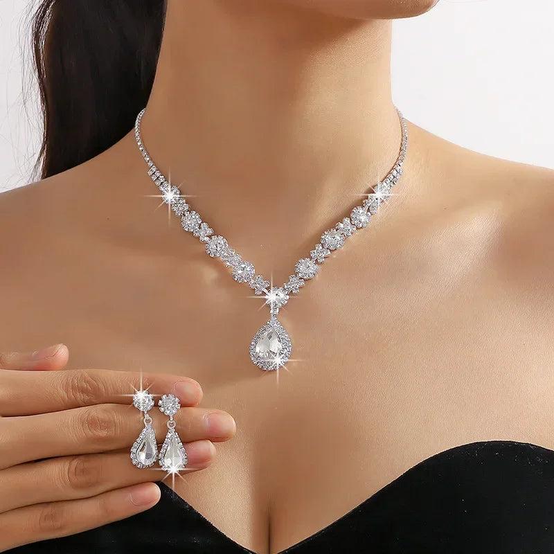 Women's Jewelry Set (2 Pieces) | Elegant Pendant Necklace and Stud Earrings with Water Drop and Rhinestones