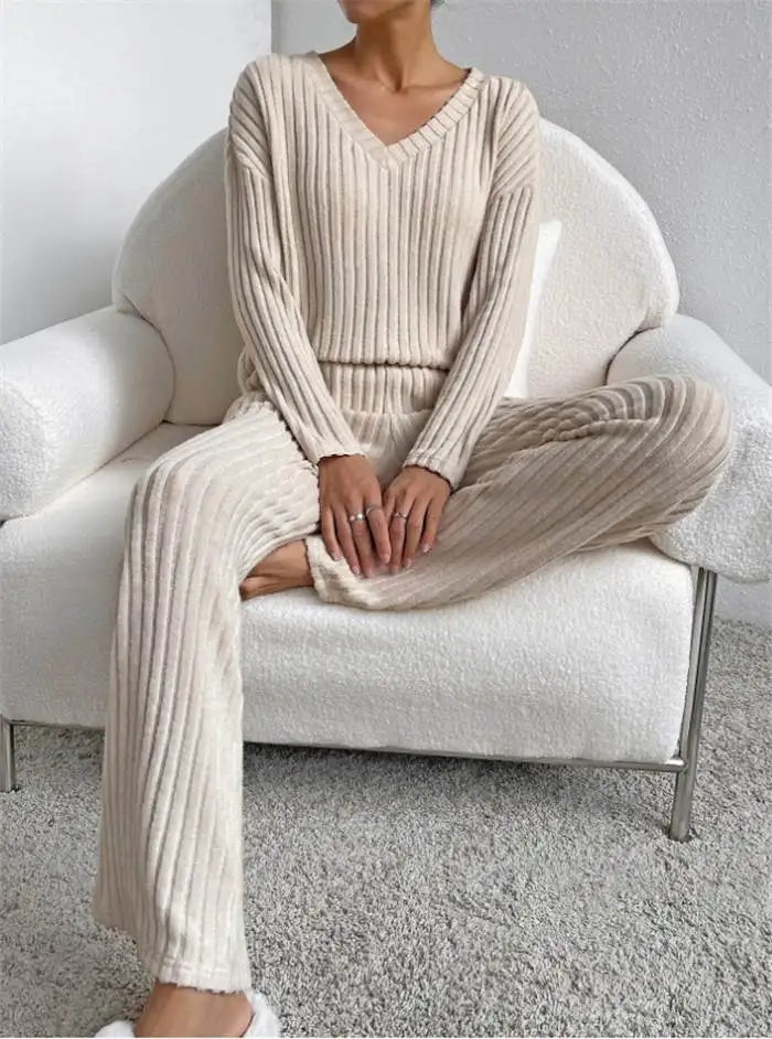 Women's Autumn Set | Casual Sweater and Pants, Long Sleeve, V-Neck