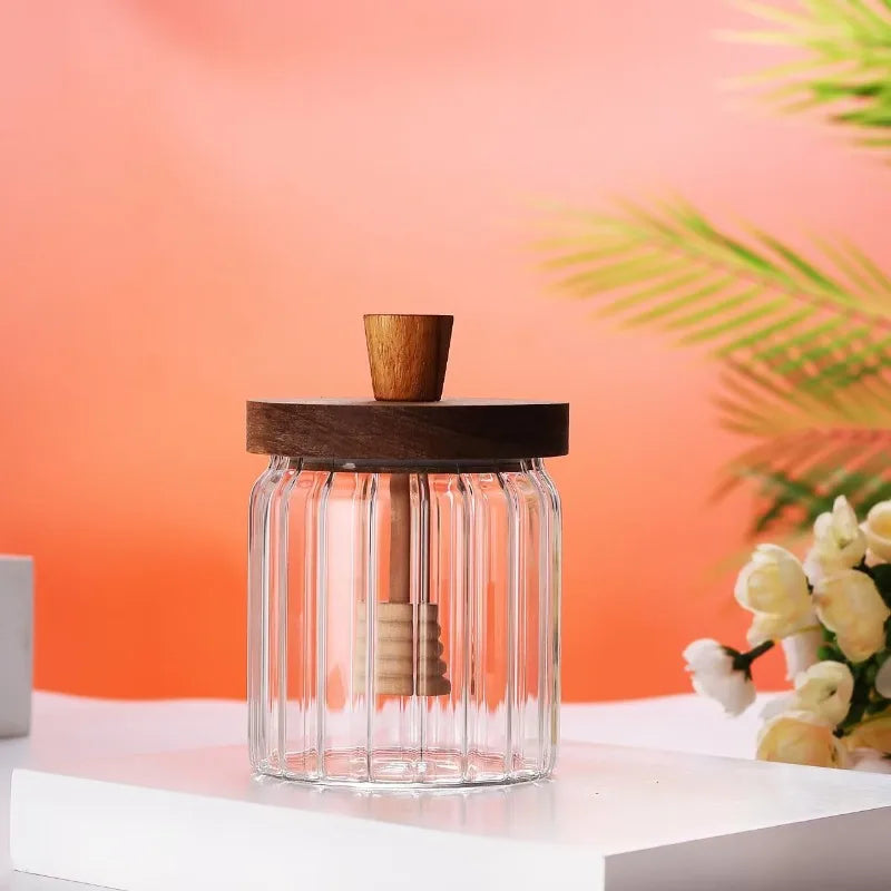 Glass Jar with Wooden Lid and Spoon, Airtight Clear Glass Container for Honey, Jam and Food, Decorative Kitchen Container