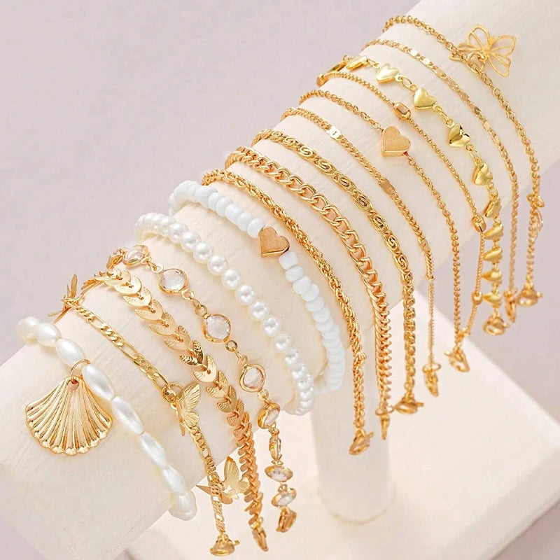 13pcs Bohemian Anklet Set, Heart & Butterfly Rhinestone with Faux Turquoise