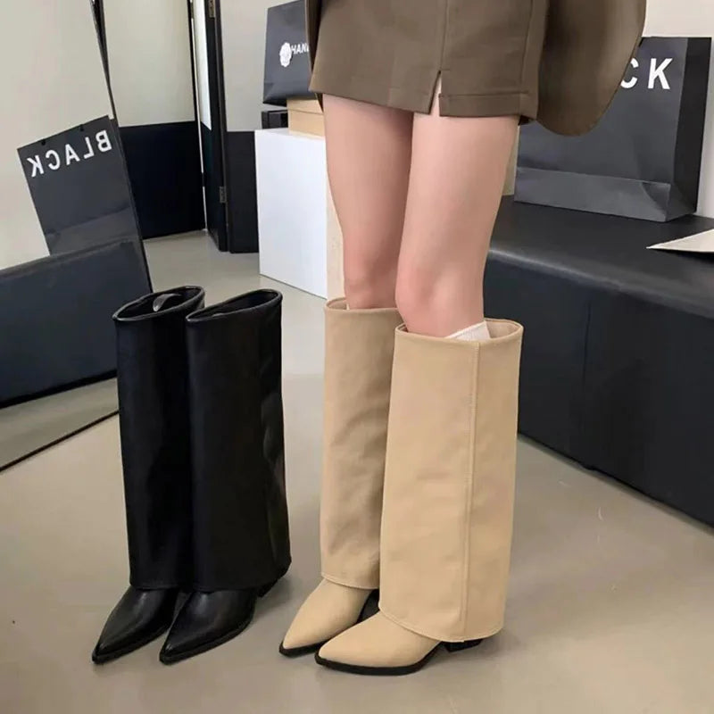 Women's High Heel Boots with Pointed Toe | Sexy and Elegant Style | Fashionable Chunky Medium Heel