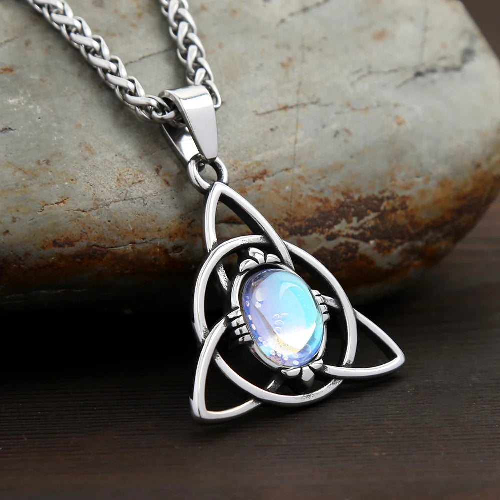 Trinity Knot, Opal, Nordic Amulet, Unisex Stainless Steel Jewelry