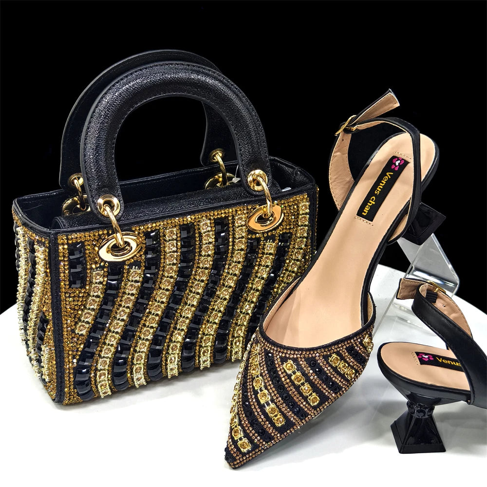 Women Shoe and Handbag Set | Rhinestone Party Heels