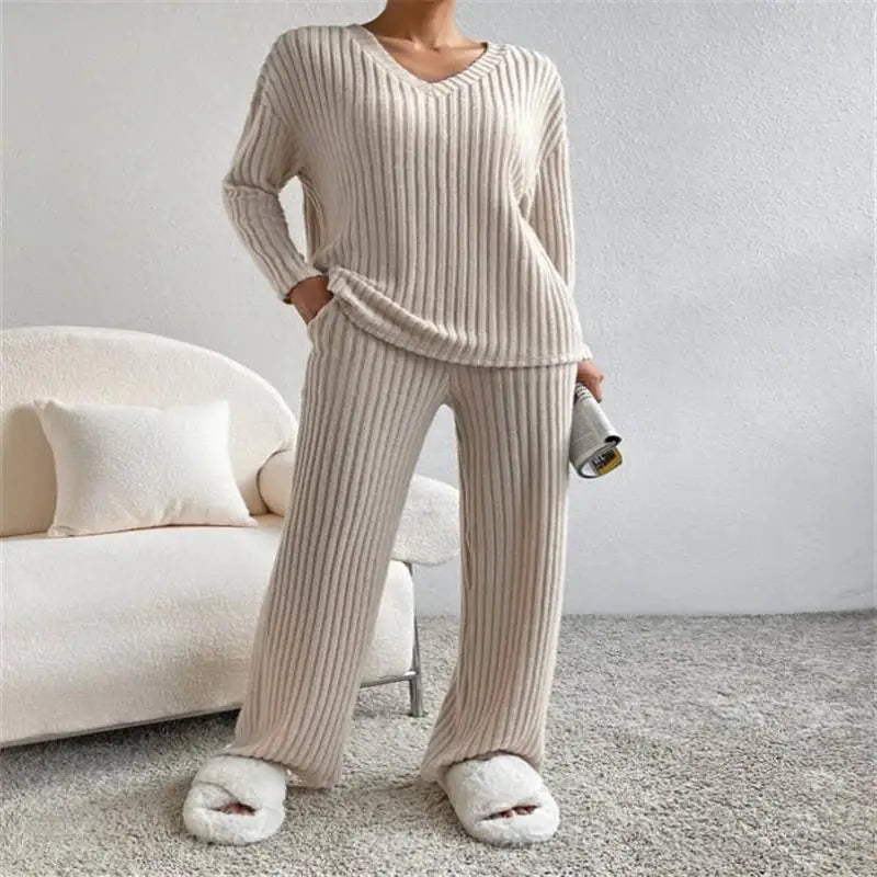 Women's Autumn Set | Casual Sweater and Pants, Long Sleeve, V-Neck