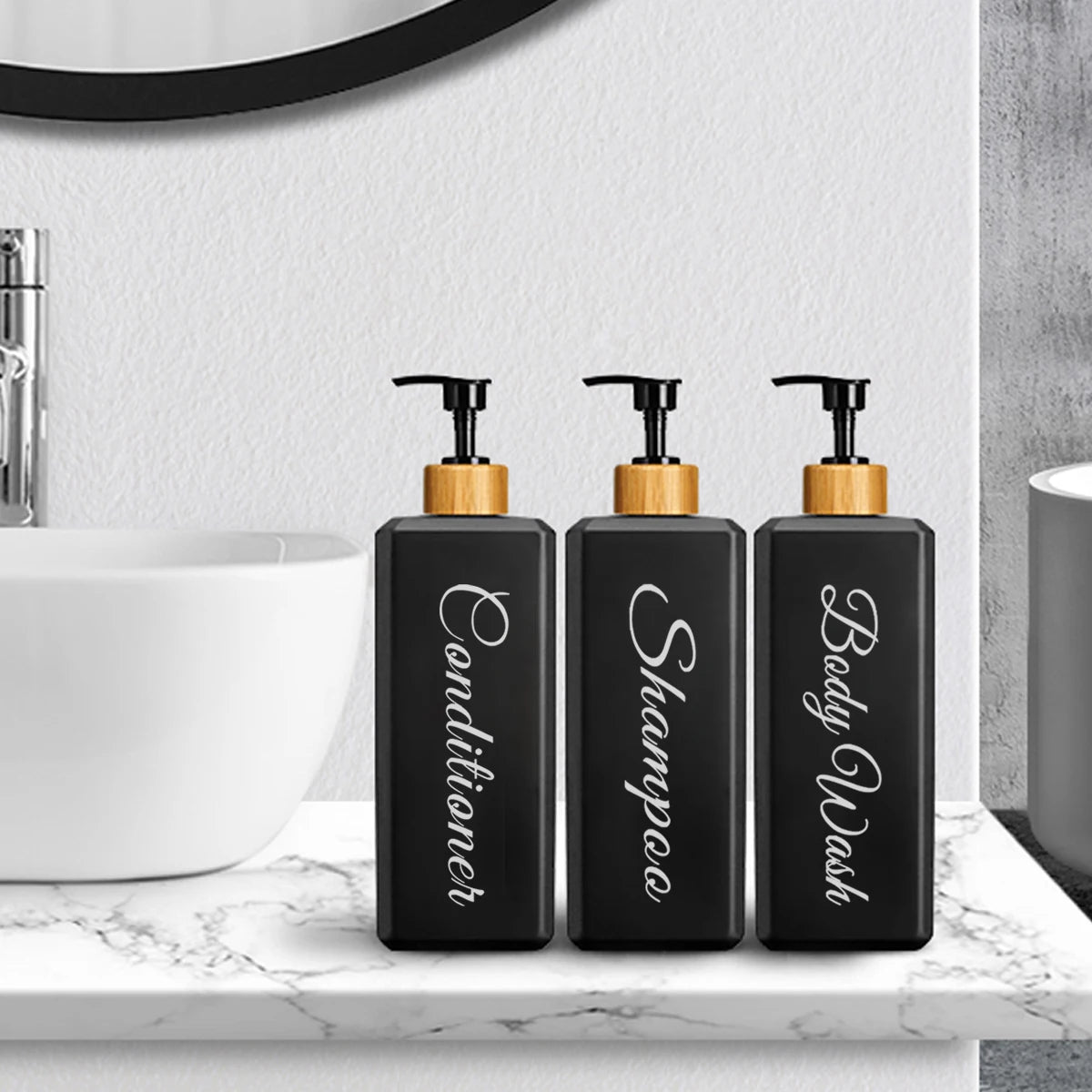 Bamboo Pump Dispenser Bottle Set - 500ml, Square Design for Bathroom