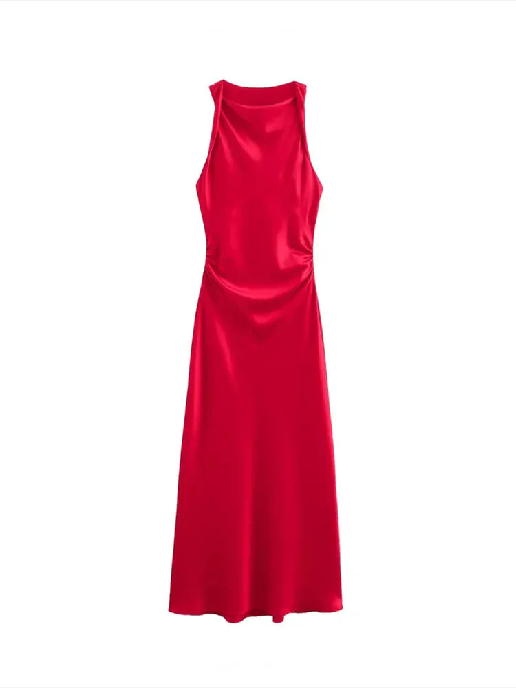 Look for it here Red / XS R-Retro Midi Dress with Silk Texture
