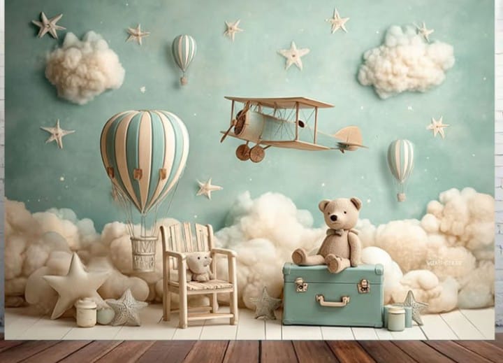 A soft, whimsical nursery scene featuring teddy bears, clouds, and hot air balloons, perfect for baby products online.