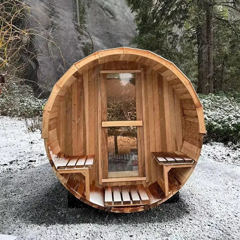 Outdoor barrel sauna made from red cedar wood