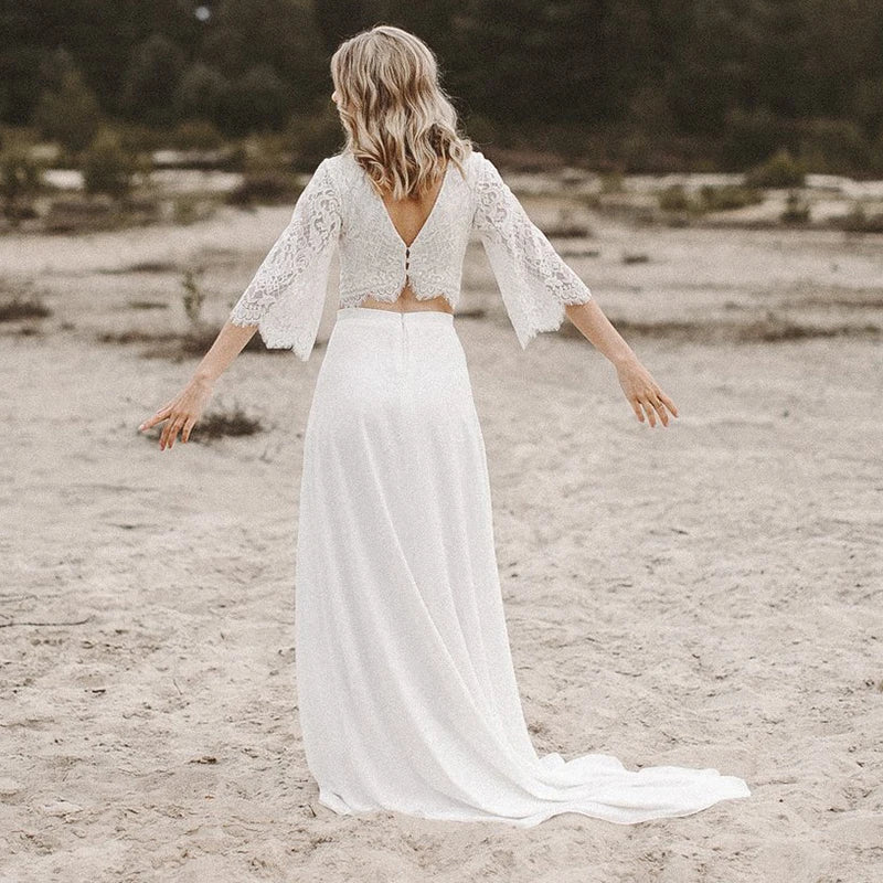 Boho Two-Piece Wedding Dress | V-Neck Chiffon & Lace