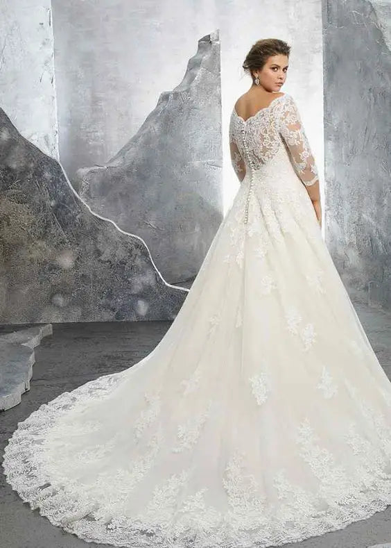 Plus Size A-Line Wedding Dress Ivory Half Sleeve Lace