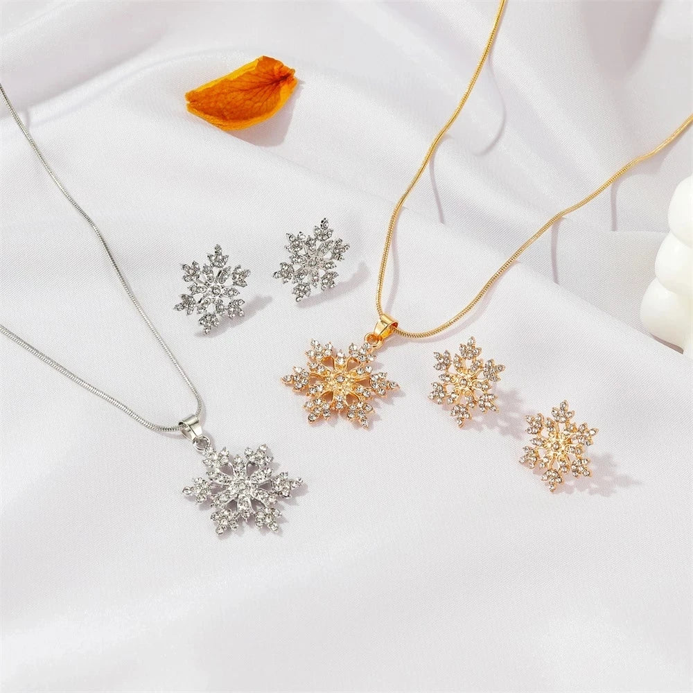 Women's Jewelry Set | 925 Sterling Silver Necklace and Earrings, Snow Flower, Gold Plated, for Wedding and Engagement