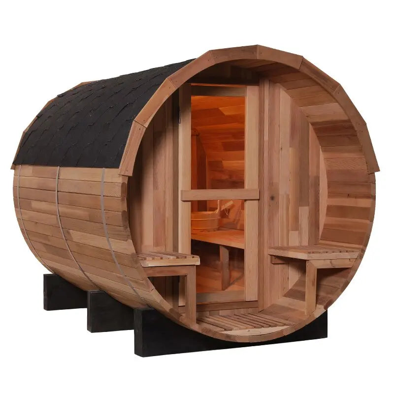 Outdoor barrel sauna made from red cedar wood