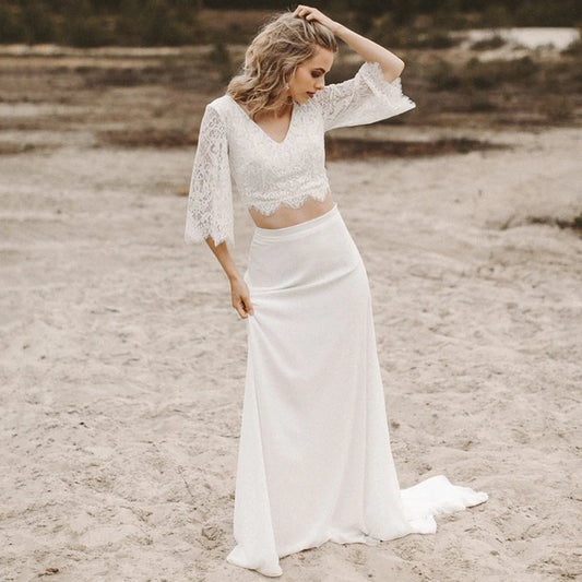 Boho Two-Piece Wedding Dress | V-Neck Chiffon & Lace