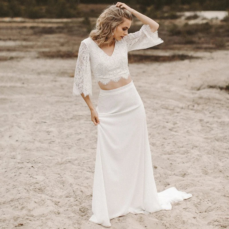 Boho Two-Piece Wedding Dress | V-Neck Chiffon & Lace