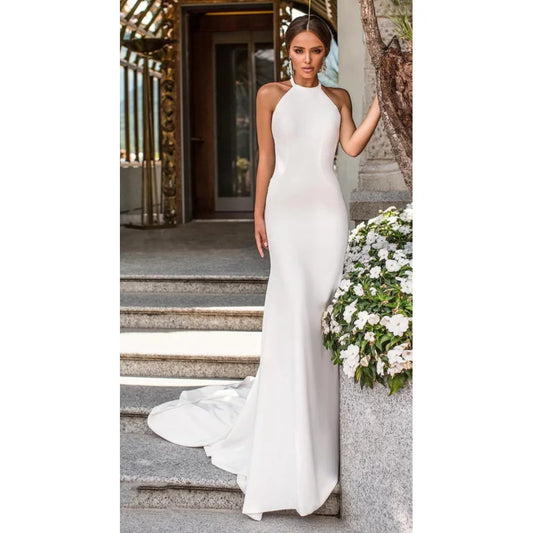 Bohemian Sleeveless Wedding Dress Halter Neck Backless