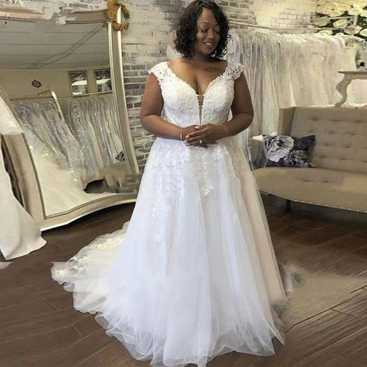 Plus Size Wedding Dress Deep V-Neck Backless Lace