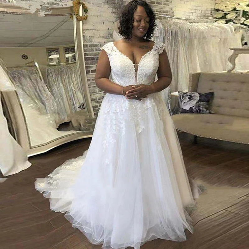 Plus Size Wedding Dress Deep V-Neck Backless Lace