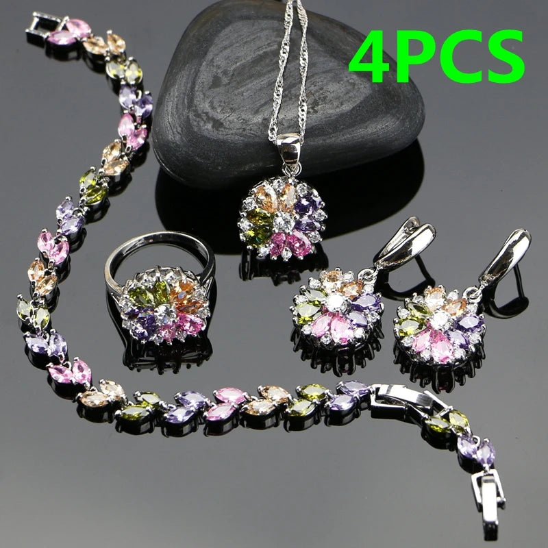 925 Sterling Silver Bridal Jewelry Set | Complete Set with Necklace, Ring, Earrings, Bracelet, and Multicolored Flower and Cubic Zirconia Pendant