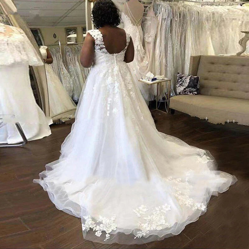 Plus Size Wedding Dress Deep V-Neck Backless Lace