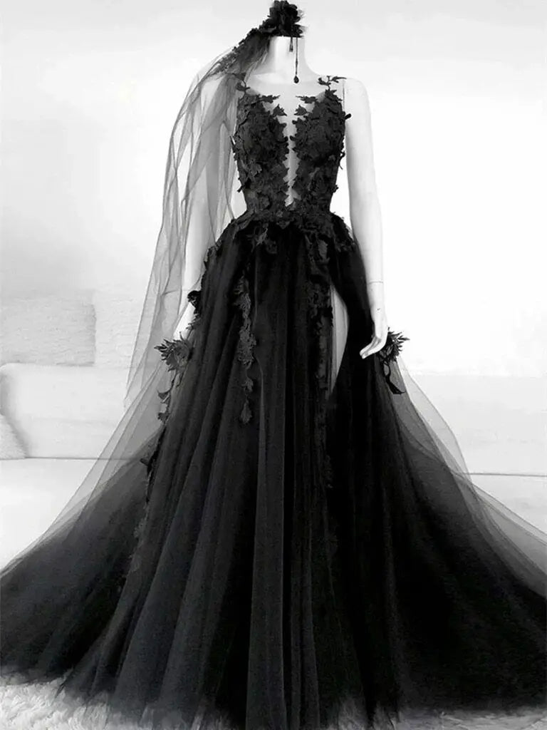 Gothic Black Lace Mermaid Wedding Dress | High Neck