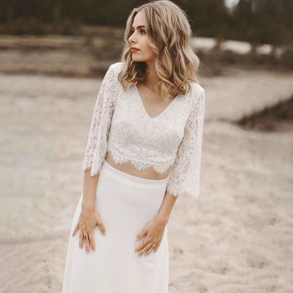 Boho Two-Piece Wedding Dress | V-Neck Chiffon & Lace