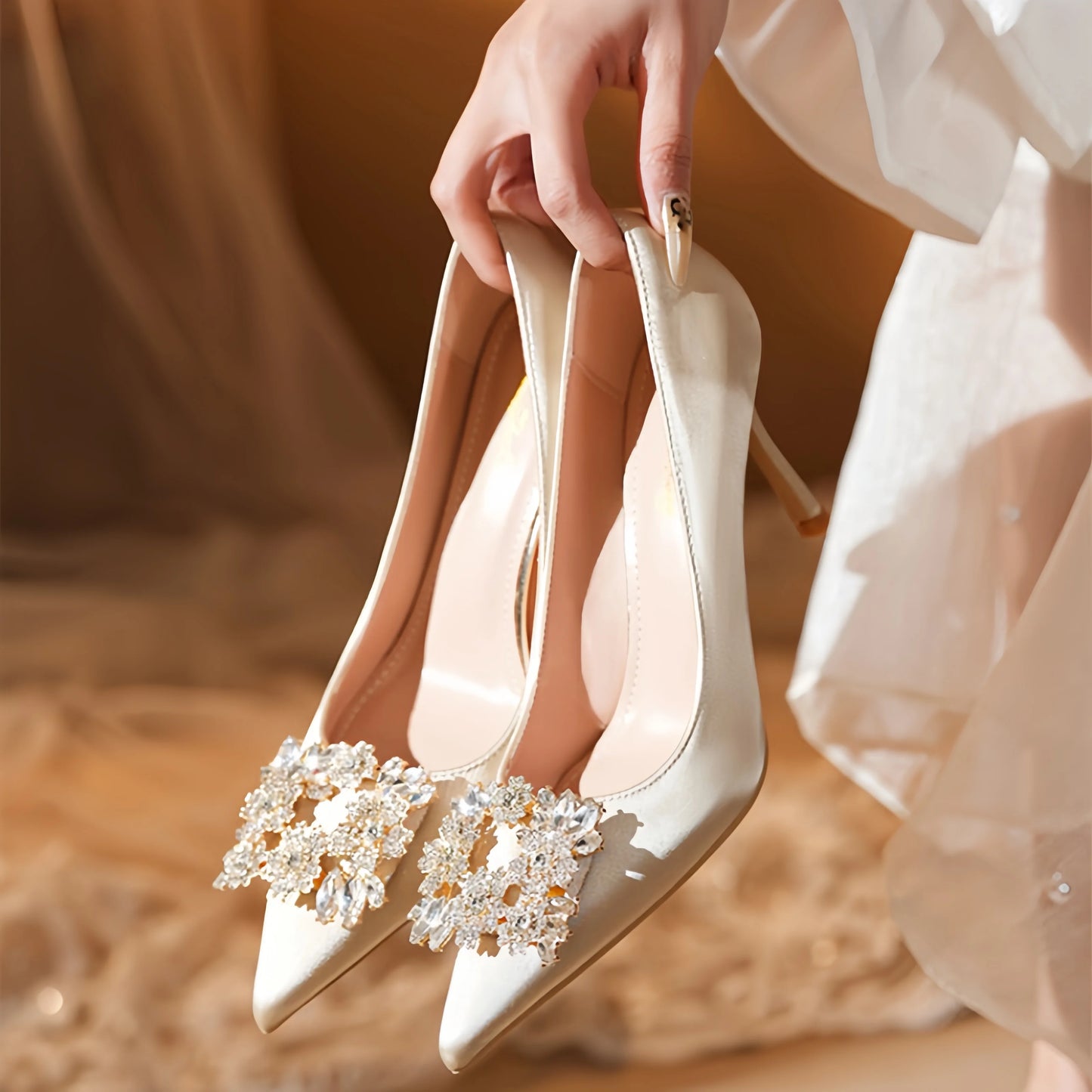 Sparkly Champagne Bridal Heels | Diamond Square Buckle Pointy Pumps