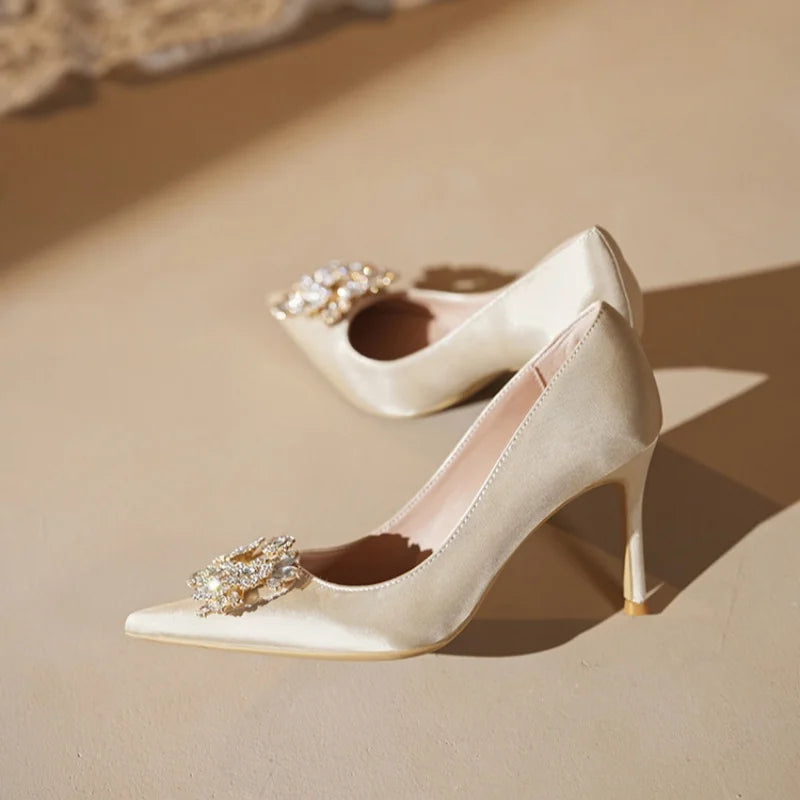 Sparkly Champagne Bridal Heels | Diamond Square Buckle Pointy Pumps