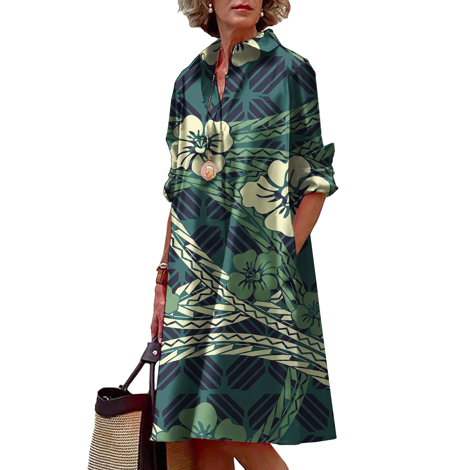 Shirt Dress with Polynesian Print