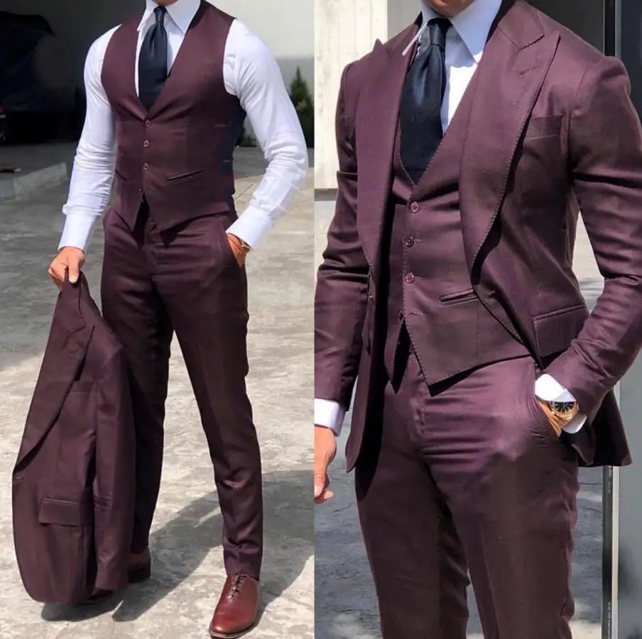 Mens 3 piece slim fit suit, elegant formal groom's suit with jacket