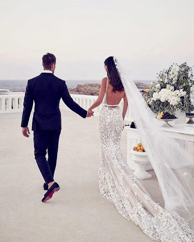 Deep V-Neck Mermaid Wedding Dress | Sexy Backless Lace