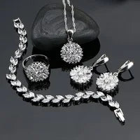 925 Sterling Silver Bridal Jewelry Set | Complete Set with Necklace, Ring, Earrings, Bracelet, and Multicolored Flower and Cubic Zirconia Pendant