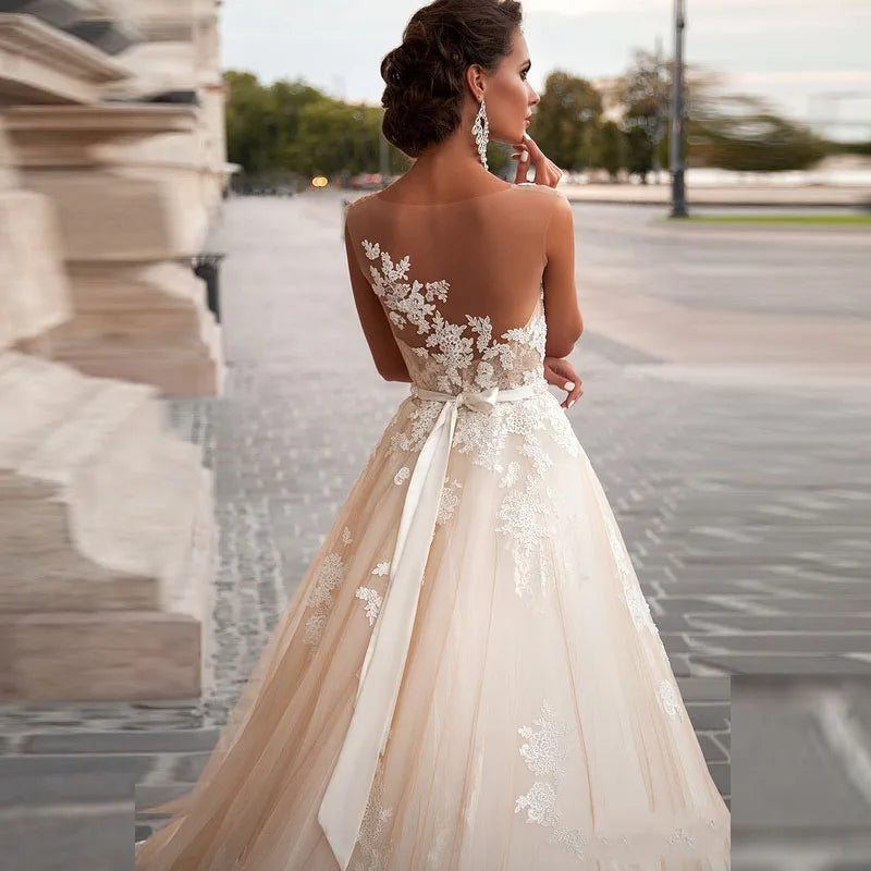 Plus Size Princess Wedding Dress A-Line Lace Sheer Back