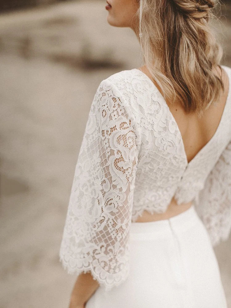 Boho Two-Piece Wedding Dress | V-Neck Chiffon & Lace