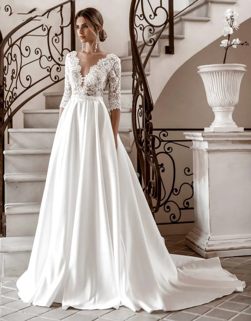 Long Sleeve Lace Wedding Dress Vintage A-Line V-Neck Satin