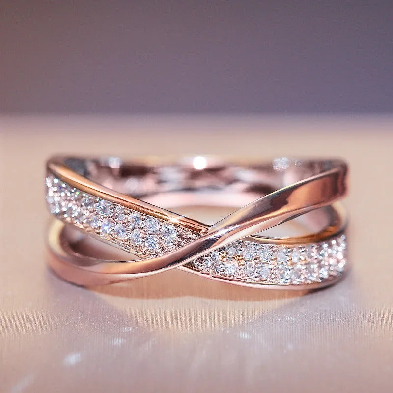 Classic 925 Sterling Silver Women's Ring, X-Shaped Cross, Dazzling Cubic Zirconia, Two-Tone Wedding Ring