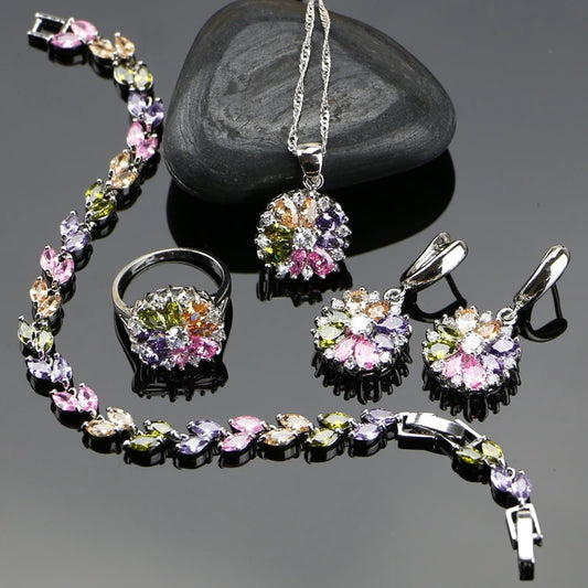 925 Sterling Silver Bridal Jewelry Set | Complete Set with Necklace, Ring, Earrings, Bracelet, and Multicolored Flower and Cubic Zirconia Pendant