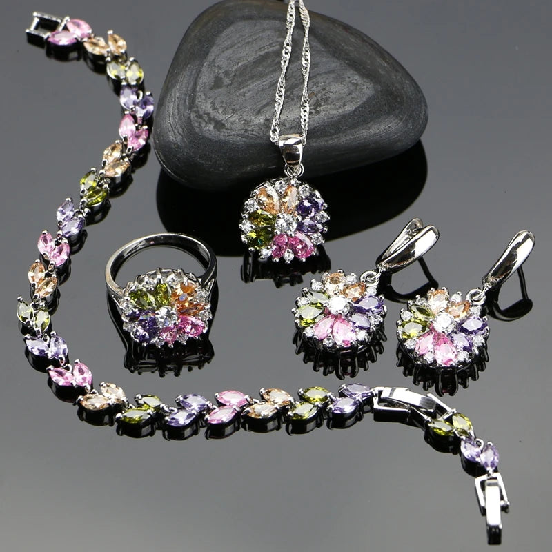 925 Sterling Silver Bridal Jewelry Set | Complete Set with Necklace, Ring, Earrings, Bracelet, and Multicolored Flower and Cubic Zirconia Pendant