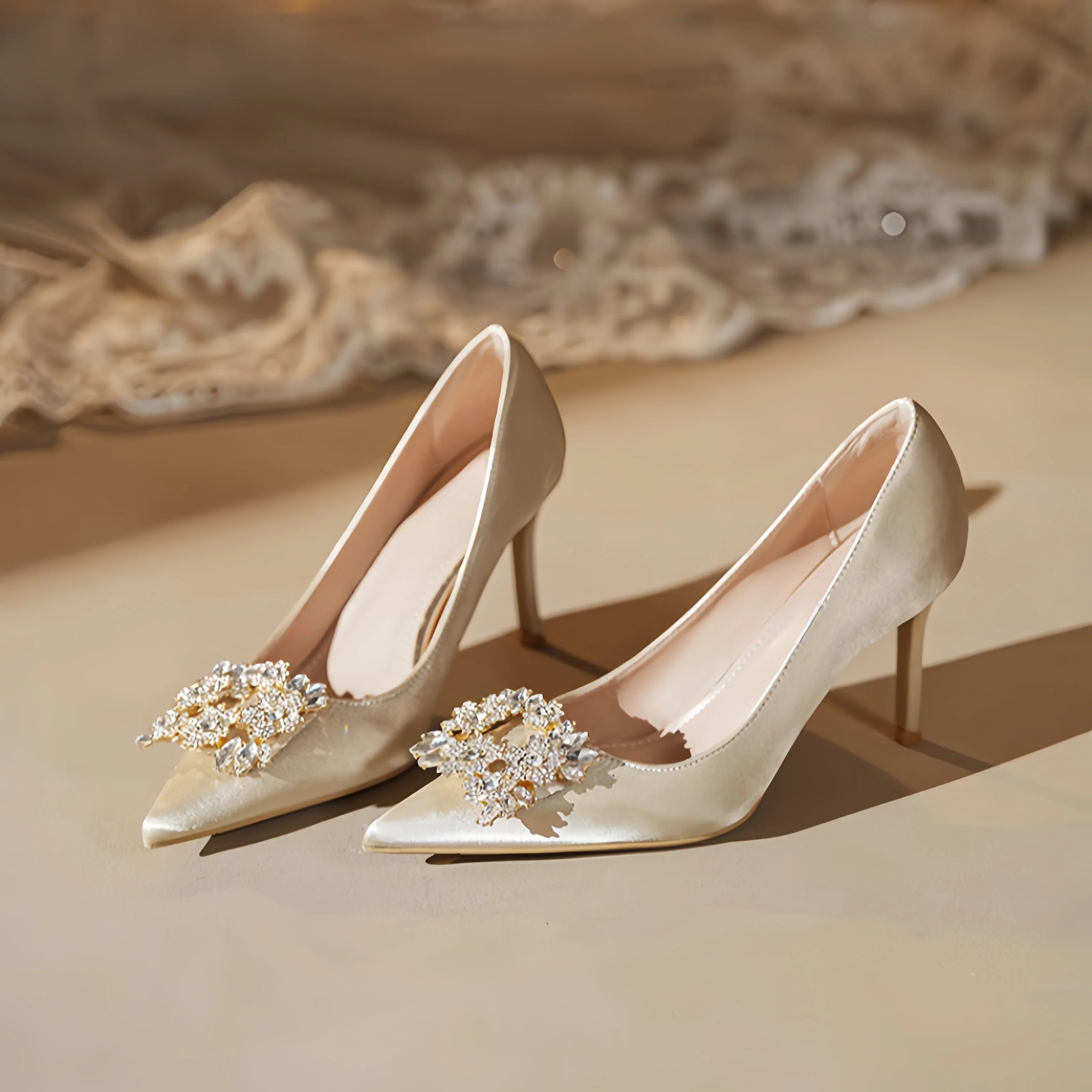 Sparkly Champagne Bridal Heels | Diamond Square Buckle Pointy Pumps