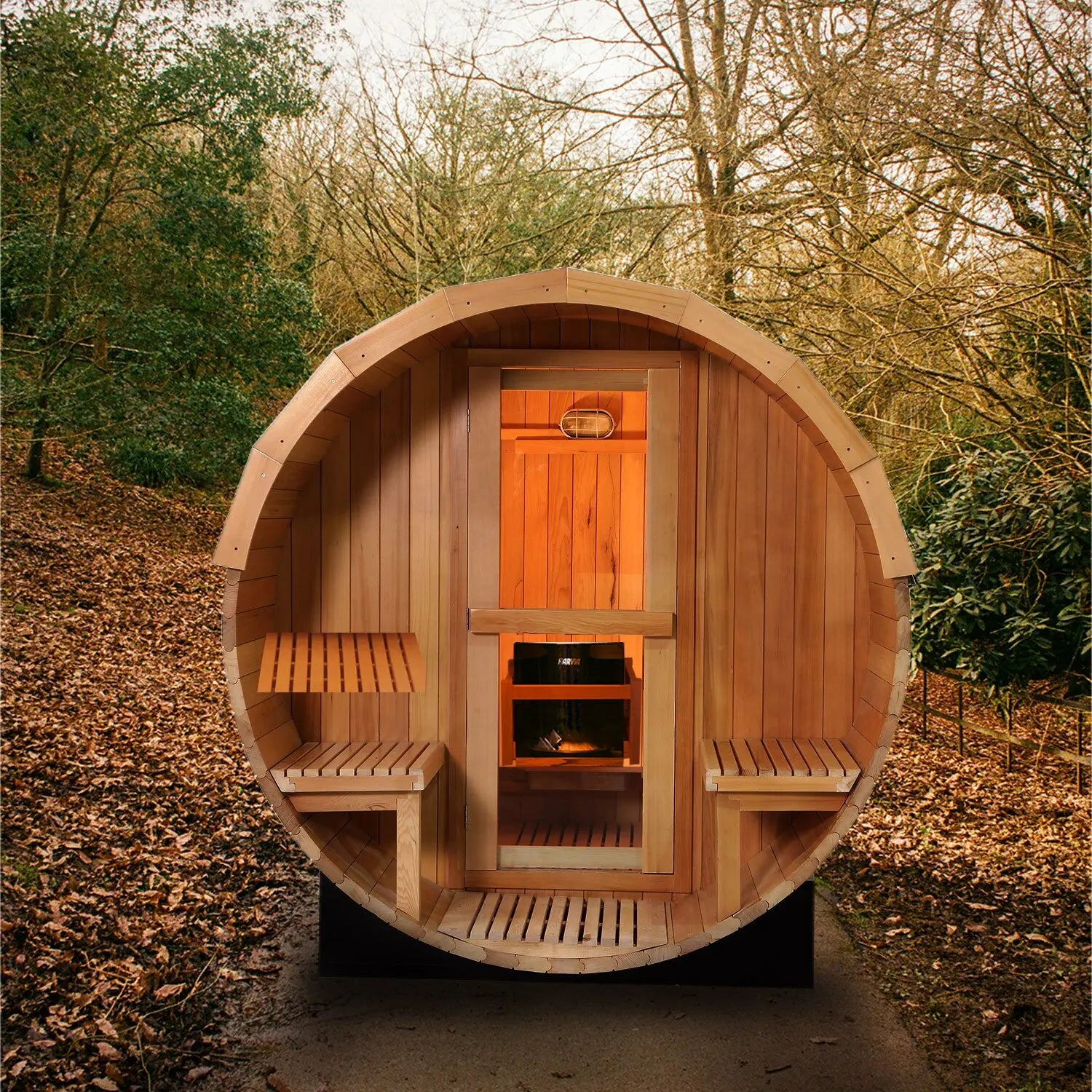 Outdoor barrel sauna made from red cedar wood