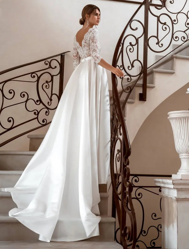Long Sleeve Lace Wedding Dress Vintage A-Line V-Neck Satin