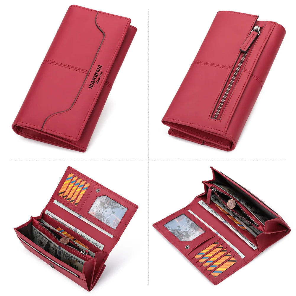 Women's Genuine Leather Long Wallet - Luxury Design with RFID Blocking and Coin Purse