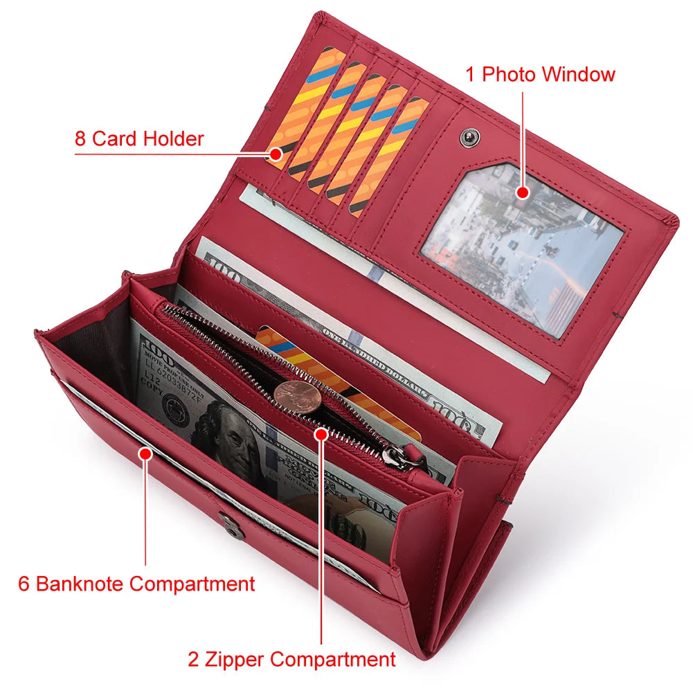 Women's Genuine Leather Long Wallet - Luxury Design with RFID Blocking and Coin Purse
