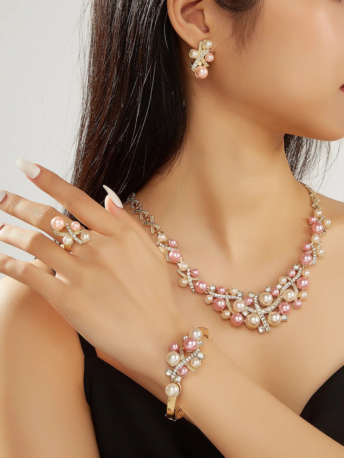 Women's Jewelry Set | 4 Piece Set with Necklace, Bracelet, Earrings and Ring, Imitation Pearls and Pink and White Rhinestones