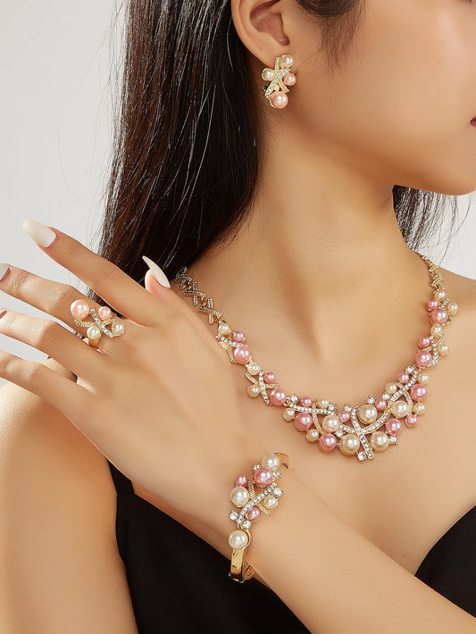 Women's Jewelry Set | 4 Piece Set with Necklace, Bracelet, Earrings and Ring, Imitation Pearls and Pink and White Rhinestones